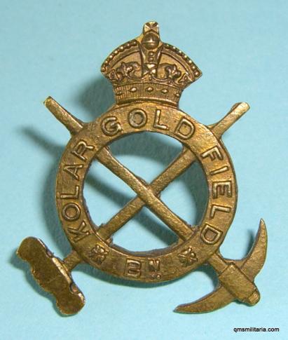 Scarce Kolar Gold Field Battalion Officer's Collar Badge