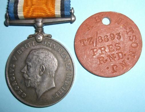 WW1 BWM plus ID Disc to RNVR / Royal Naval Division ( RND ) - Watson