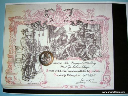 WW1 Silver War Badge ( SWB ) with copy Discharge Certificate - Pte Leonard Kitching, West Yorkshire Regiment