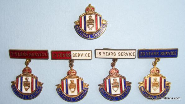 Set of Five National Savings Lapel Badges, including 7, 10, 15 and 20 Years Service Award Bars Clasps