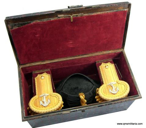 Royal Naval Officer's full dress cocked hat and full dress gold bullion epaulettes in japanned box - SHEEN - DSC winner, WW2 Battle of the Atlantic