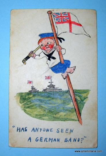 WW1 Original and unique Ink and Watercolour Patriotic Art postcard  - Has Anyone Seen A German Band!