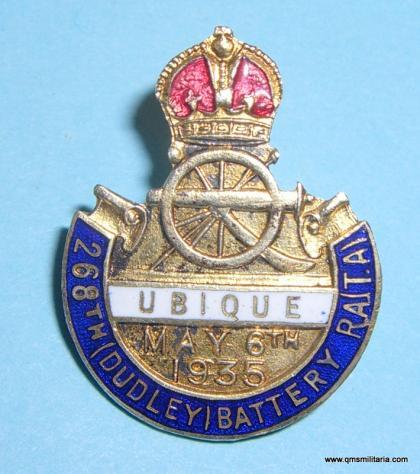 Scarce 268th ( Dudley ) Battery Royal Artillery ( T.A. ) Silver plated and enamel Coronation Souvenir Lapel Pin Badge