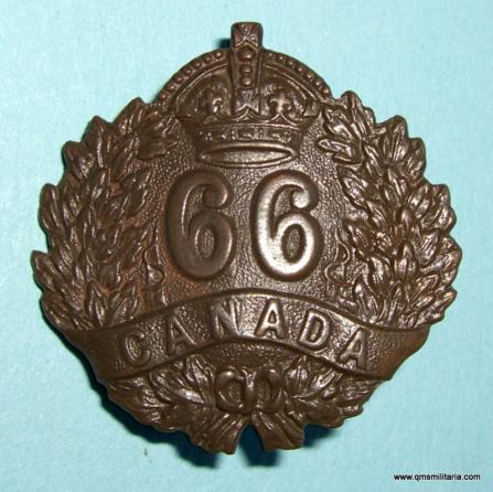 WW1 CEF - 66th Overseas Battalion Canadian Expeditionary Force Bronze Collar Badge  - Jackson Bros 1915