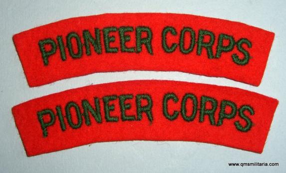 Pioneer Corps Matched Pair of Green on Scarlet Red Embroidered Cloth Shoulder Titles