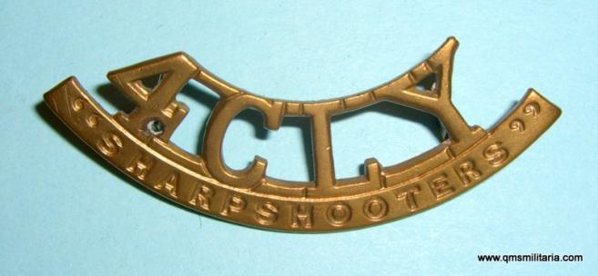 WW2 - 4th County of London Yeomanry ( Sharpshooters ) Brass Shoulder Title - maker named Walker & Hall, Sheffield