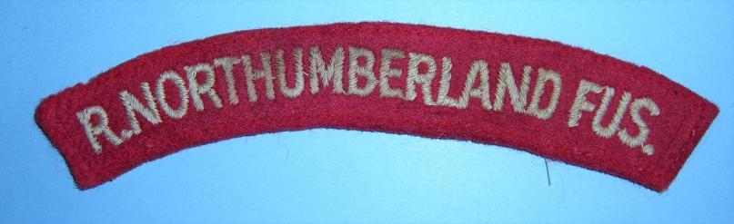 WW2 Royal Northumberland Fusiliers ( RNF ) Embroidered White on Red Felt Cloth Shoulder Title