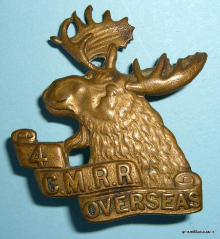 WW1 4th Overseas Canadian Mounted Rifles Brass Cap Badge - Tiptaft, UK made