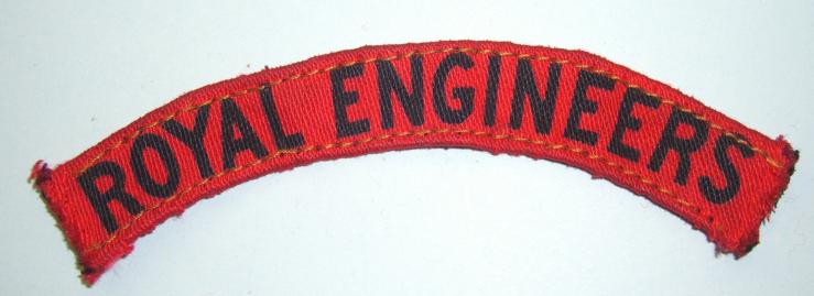 WW2 Printed Royal Engineers ( RE ) Blue on Red Cloth Shoulder Title