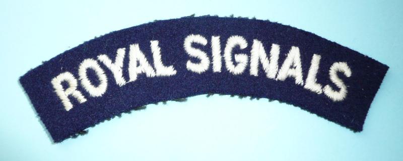 Royal Signals Embroidered White on Dark Blue Felt Cloth Shoulder Title