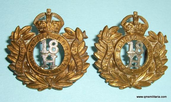 Scarce Edwardian Issue EDVII 18th Hussars Bi-metal Collar Badges, worn circa 1902-1904 only