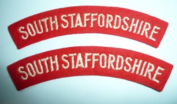 South Staffordshire Matched Pair of Embroidered White on Red Felt Cloth Shoulder Titles