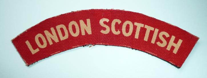 WW2 London Scottish Territorials (Gordon Highlanders) Printed White on Red Cloth Shoulder Title