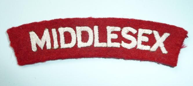 Middlesex Regiment  Embroidered White on Red Felt Cloth Shoulder Title