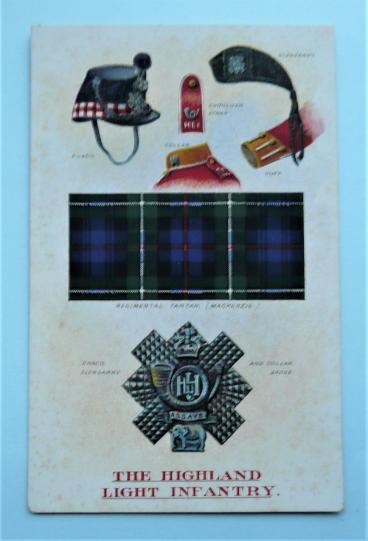 Pre WW1 Coloured Postcard of Regimental regalia - The Highland Light Infantry (HLI)