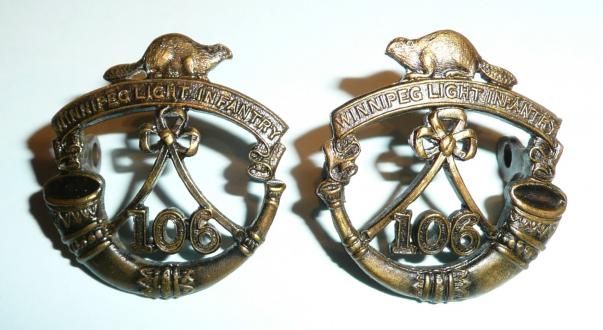 Canadian 106th Winnipeg Light Infantry Matched Facing Pair of Collar Badges