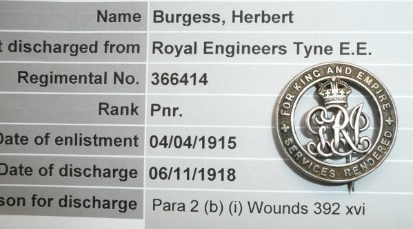 WW1 Silver War Badge (SWB) to Herbert Burgess, Tyne Electrical Engineers - Wounds