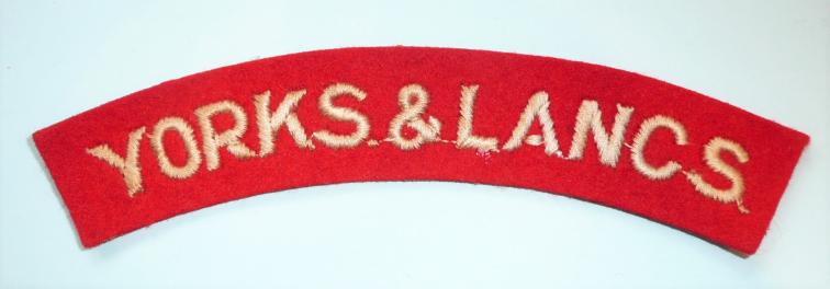 York & Lancaster Regiment - Embroidered White on Red Felt Cloth Shoulder Title