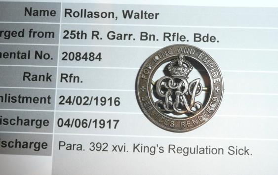 WW1 Silver War Badge (SWB) to Rifleman Walter Rollason, 25th Garrison Battalion, Rifle Brigade