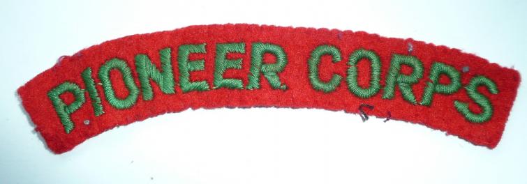 WW2 Pioneer Corps Embroidered Felt Green on Scarlet Cloth Shoulder Title