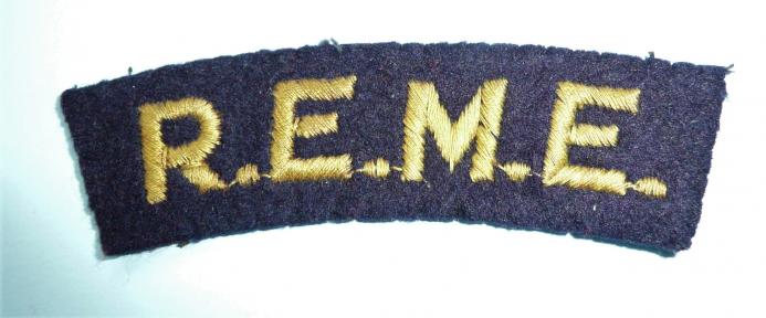 REME (Royal Electrical & Mechanical Engineers) Yellow on Dark Blue  Embroidered Felt Cloth Shoulder Title