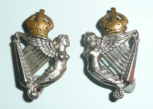 8th Royal Irish Hussars Matched Facing Pair of Bi-Metal Collar Badges, Kings Crown