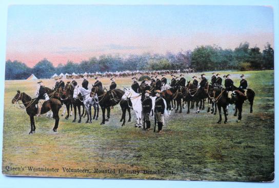 Pre WW1 Real Photographic Coloured Postcard- Queens Westminster Volunteers, Mounted Infantry Detachment