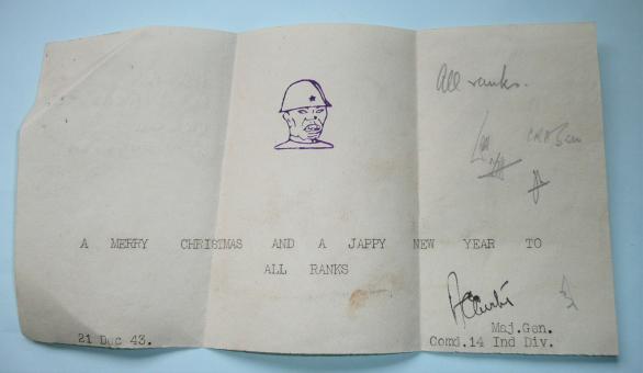 14th Indian Division Theatre Made Xmas Greetings Paper Slip 1943 - signed by Officer Commanding