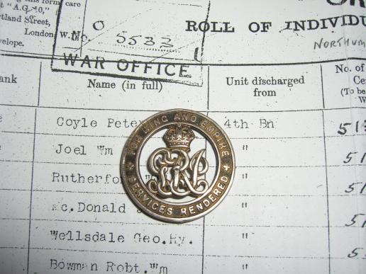 WW1 Silver War Badge (SWB) 513792 - William Joel, 4th Battalion (TF) The Northumberland Fusiliers