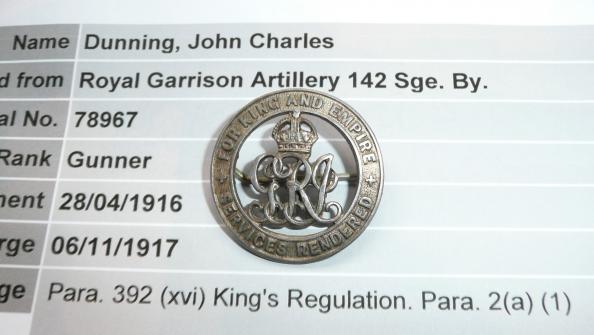 WW1 Silver War Badge (SWB) to Gunner John Charles Dunning, 142nd Siege Battery RGA (Tynemouth)