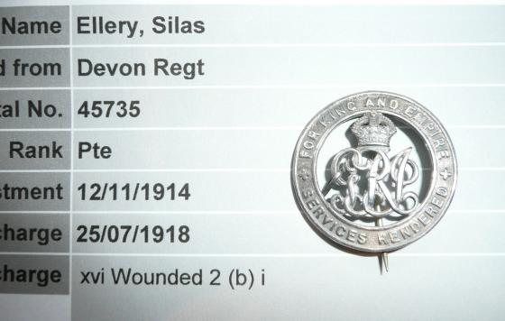 WW1 Silver War Badge (SWB) to Silas Ellery, Devon Regiment  - Wounded