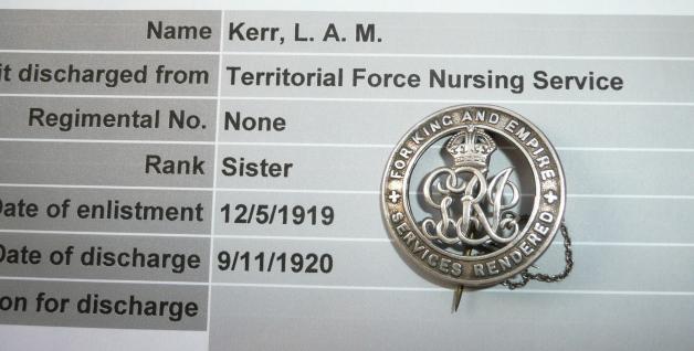 WW1 Silver War Badge (SWB) to Staff Sister Lilian Annie Maude Kerr, Territorial Force Nursing Service (TFNS) 