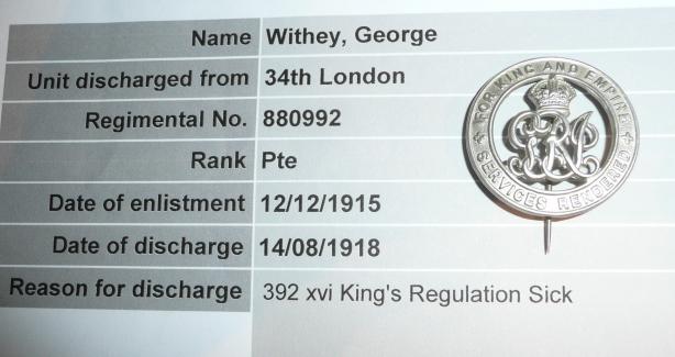 WW1 Silver War Badge (SWB) to Private George Withey, 34th (County of London) Battalion, The London Regiment (King's Royal Rifle Corps) (KRRC)
