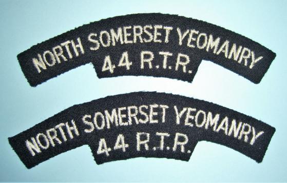 North Somerset Yeomanry 44 RTR Matched Pair of Woven White on Black Cloth Shoulder Titles