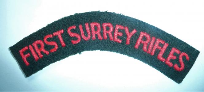 First Surrey Rifles (21st London Regiment) Embroidered Red on Dark Green Cloth Shoulder Title