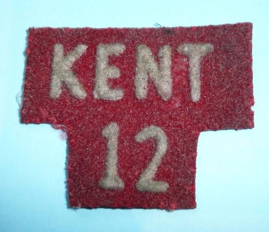 Post WW2 - 2nd Phase 12th Kent Home Guard White on Red Felt Embroidered Shoulder Title