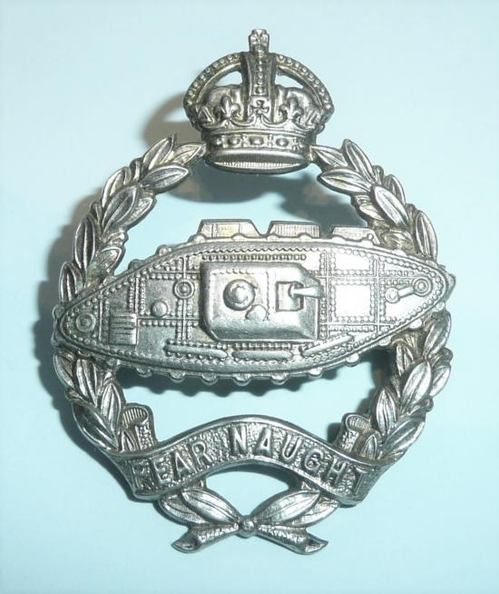 Royal Tank Corps (RTC) White Metal Cap Badge - Tank Facing Wrong Way - Loops