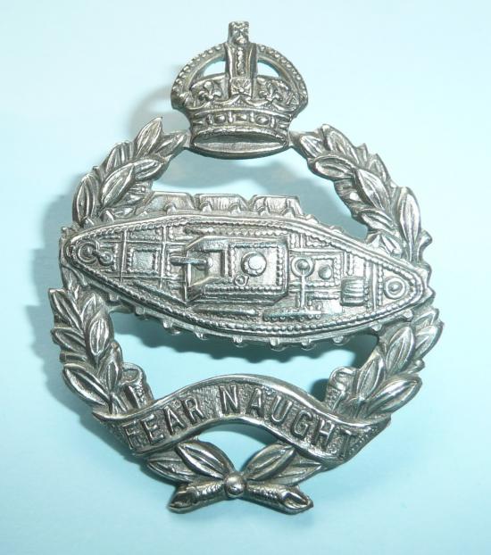 Royal Tank Corps /  Regiment (RTC /  RTR) White Metal Cap Badge, Kings Crown - Tank facing the correct way - loops