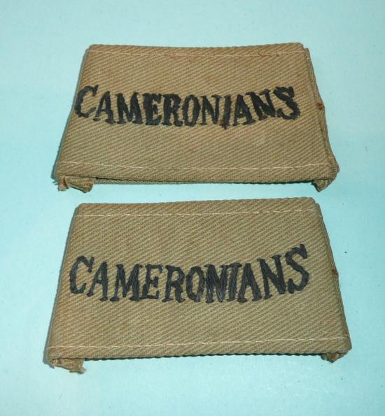 Cameronians Matched Pair of Theatre Made Embroidered Black on Khaki Drill (KD) Shoulder Title Slip Ons