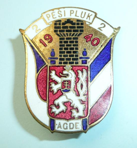 WW2 Free Czechoslovak Army Enamel 2 PESI PLUK (Infantry Regiment) 1940 badge pin lapel - maker marked Miller