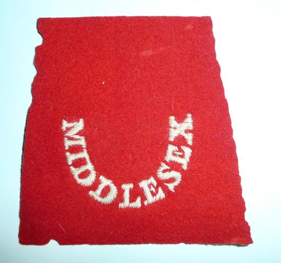 Boer War Vintage Middlesex Regiment (Duke of Cambridge's Own) Embroidered White on Scarlet Felt Cloth Shoulder Title / Pagri Badge