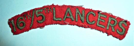 WW2 16 th / 5 th Lancers Woven Green on Red Cloth Shoulder Title