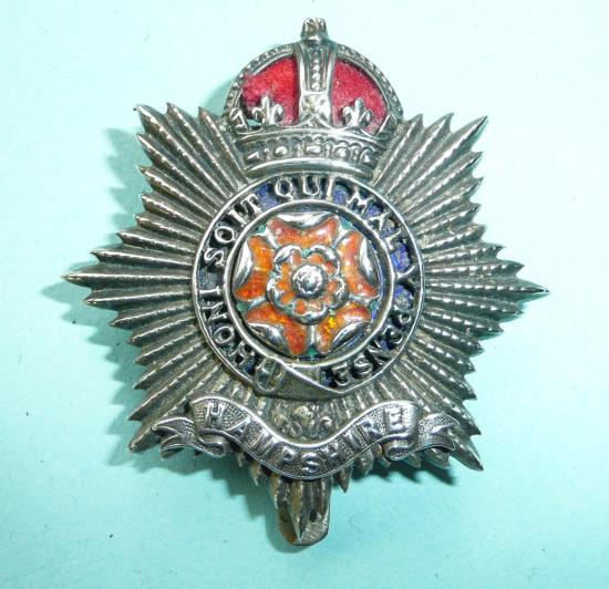 Hampshire Regiment Officers Enamel Silver and Gilt Cap Badge converted for wear with a slider