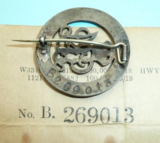 WW1 Silver War Badge (Wound Badge) with attributed Issue Voucher - Kennedy Royal Warwickshire Regiment
