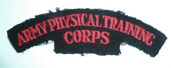 Army Physical Training Corps Embroidered Red on Black Cloth Shoulder TItle