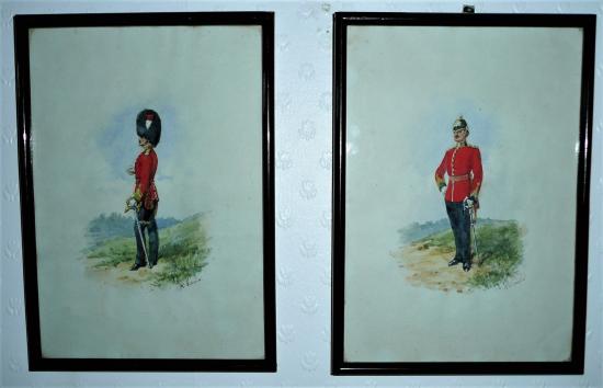 A matching pair of framed original watercolour paintings of officers of the famous North East Regiments signed by R Simkin