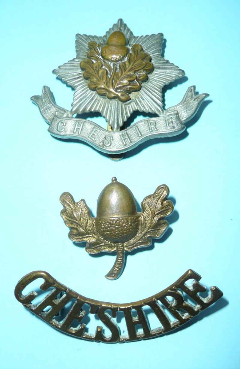 WW1 Cheshire Regiment Cheshire Regiment Other Ranks Bi-Metal Cap Badge, Brass Collar Badge and Brass Shoulder Title Set