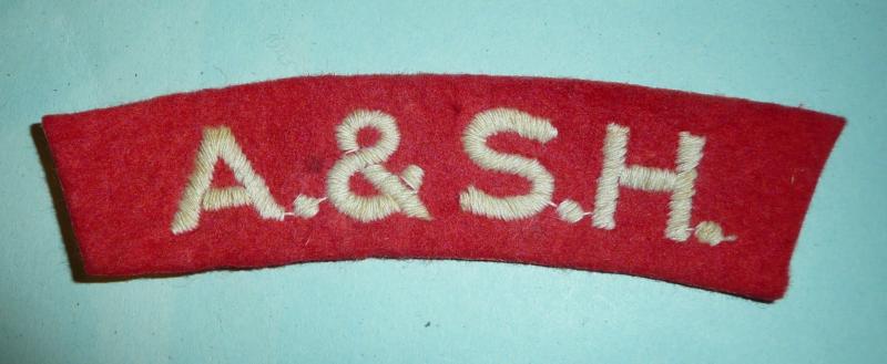 WW2 'A & SH' (Argyll & Sutherland Highlanders) Embroidered Red on White Felt Cloth Shoulder Title