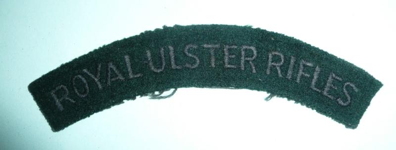 Royal Ulster Rifles Embroidered Black on Dark Rifle Green Felt Cloth Shoulder Title