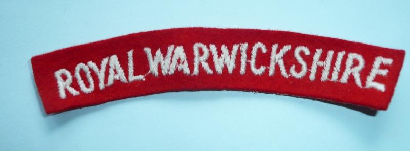 WW2 Royal Warwickshire Regiment woven White on Red Felt Cloth Shoulder Title, paste back